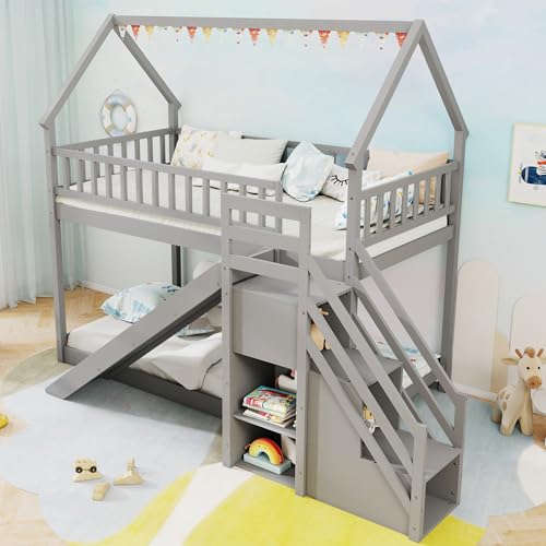 White Wood Twin Over Twin Bunk Bed with Slide and Staircase F80436