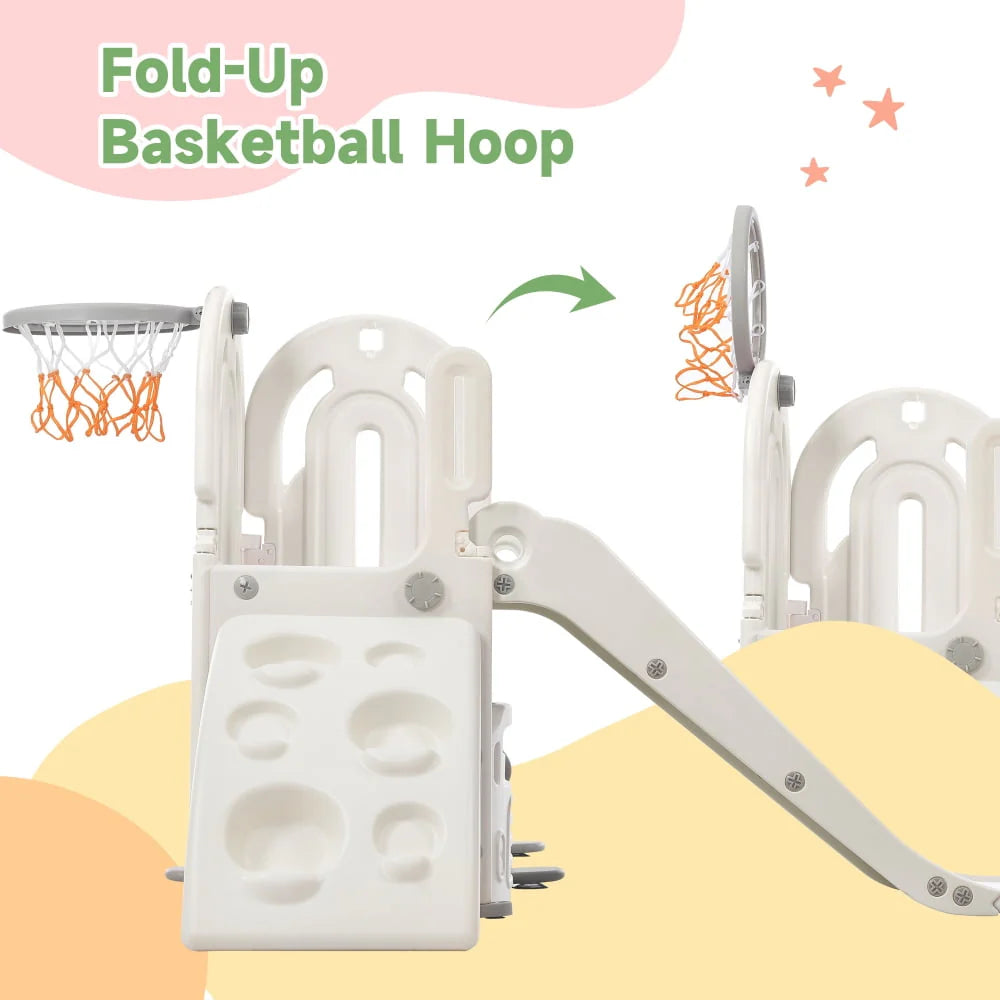 Kids Toddler Climbing and Slide Set 4 in 1, Freestanding Slide Playset with Basketball Hoop and Driving Game Space, Pink P424