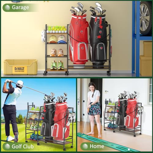 Golf Bag Storage Rack with Wheels, Black L30502