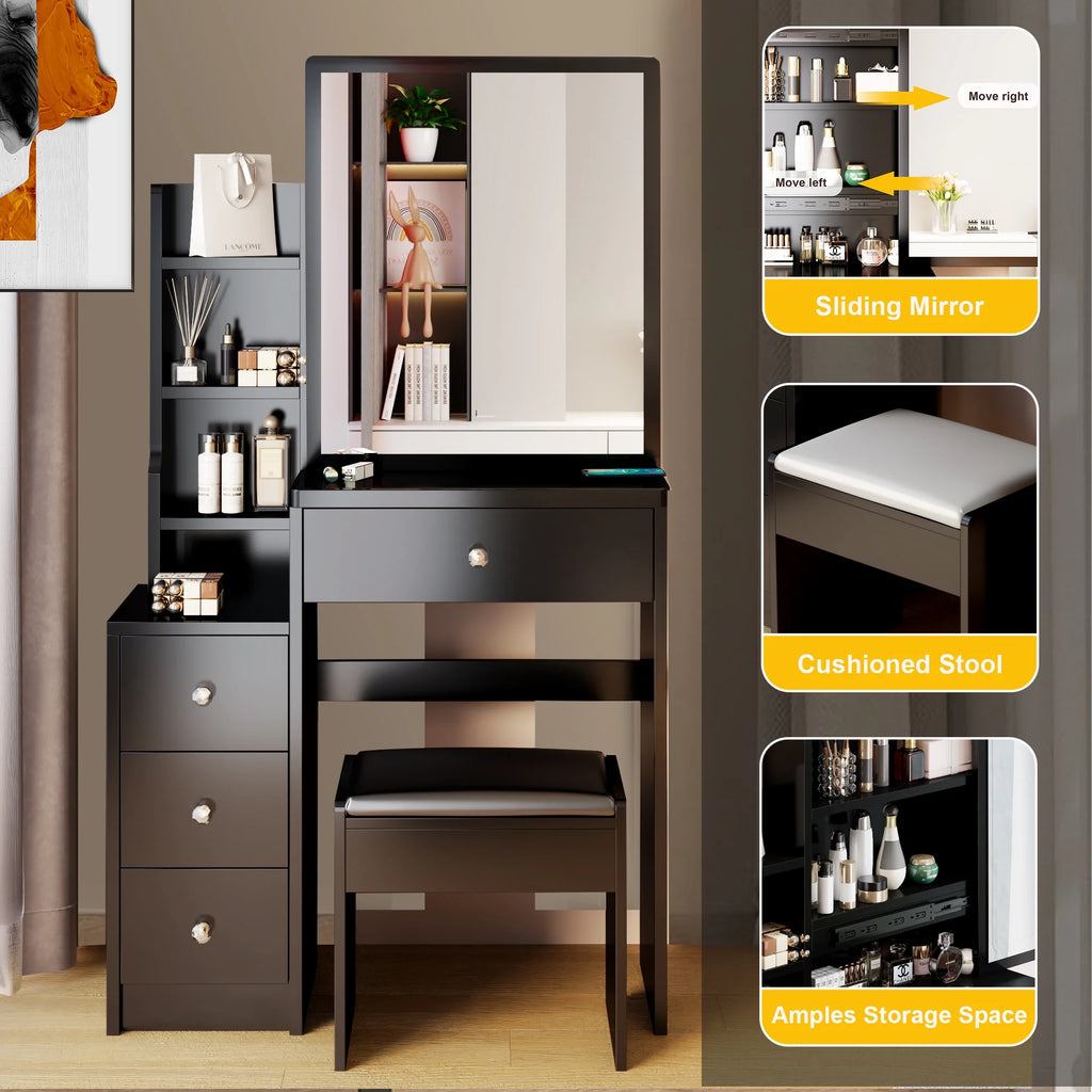 White Vanity Set with Sliding Mirror, Drawers & Stool L33829