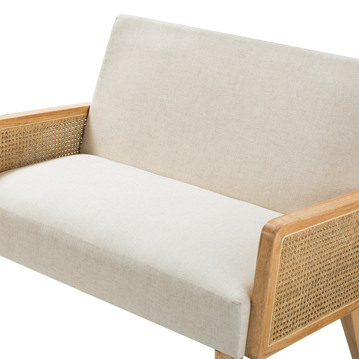 Modern Upholstered Sofa Loveseat Rattan Arm Futon Wood Foam Linen N76686
