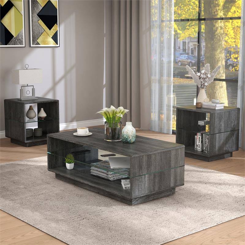 3-Piece Wood Coffee Table Set in Distressed Gray V8898
