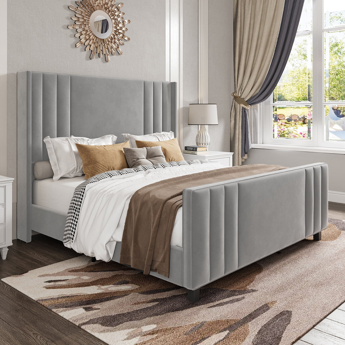 Queen Platform Bed Frame with Vertical Channel, Cream N299159
