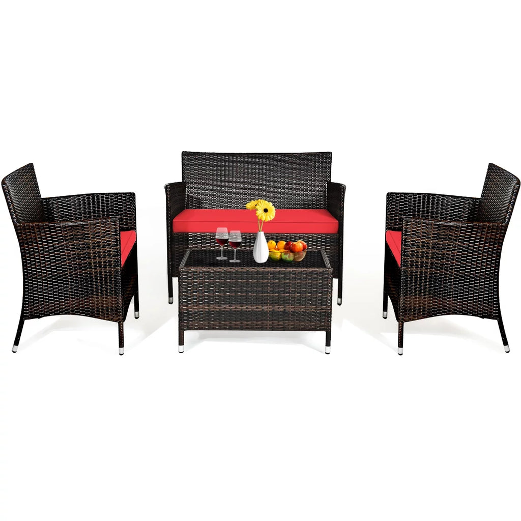 4-Piece Patio Rattan Wicker Furniture Set with Red Cushions I959