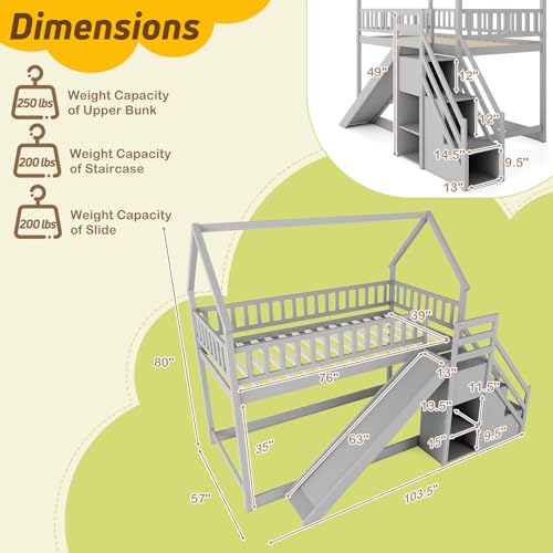 White Wood Twin Over Twin Bunk Bed with Slide and Staircase F80436