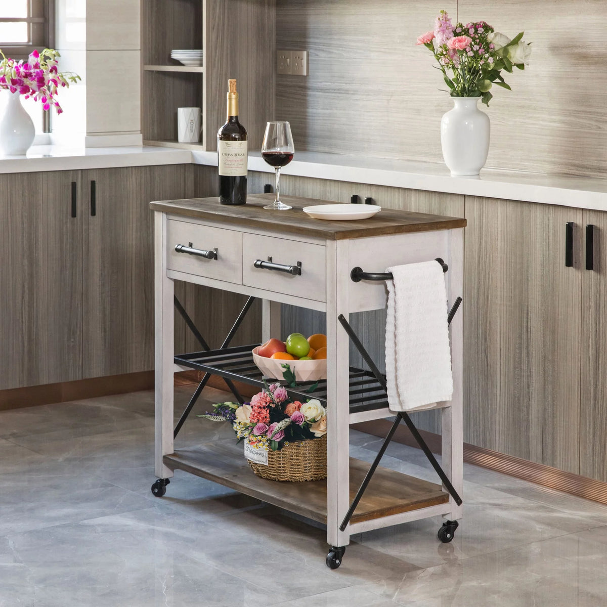 Off-White and Brown Wood Kitchen Cart N29099