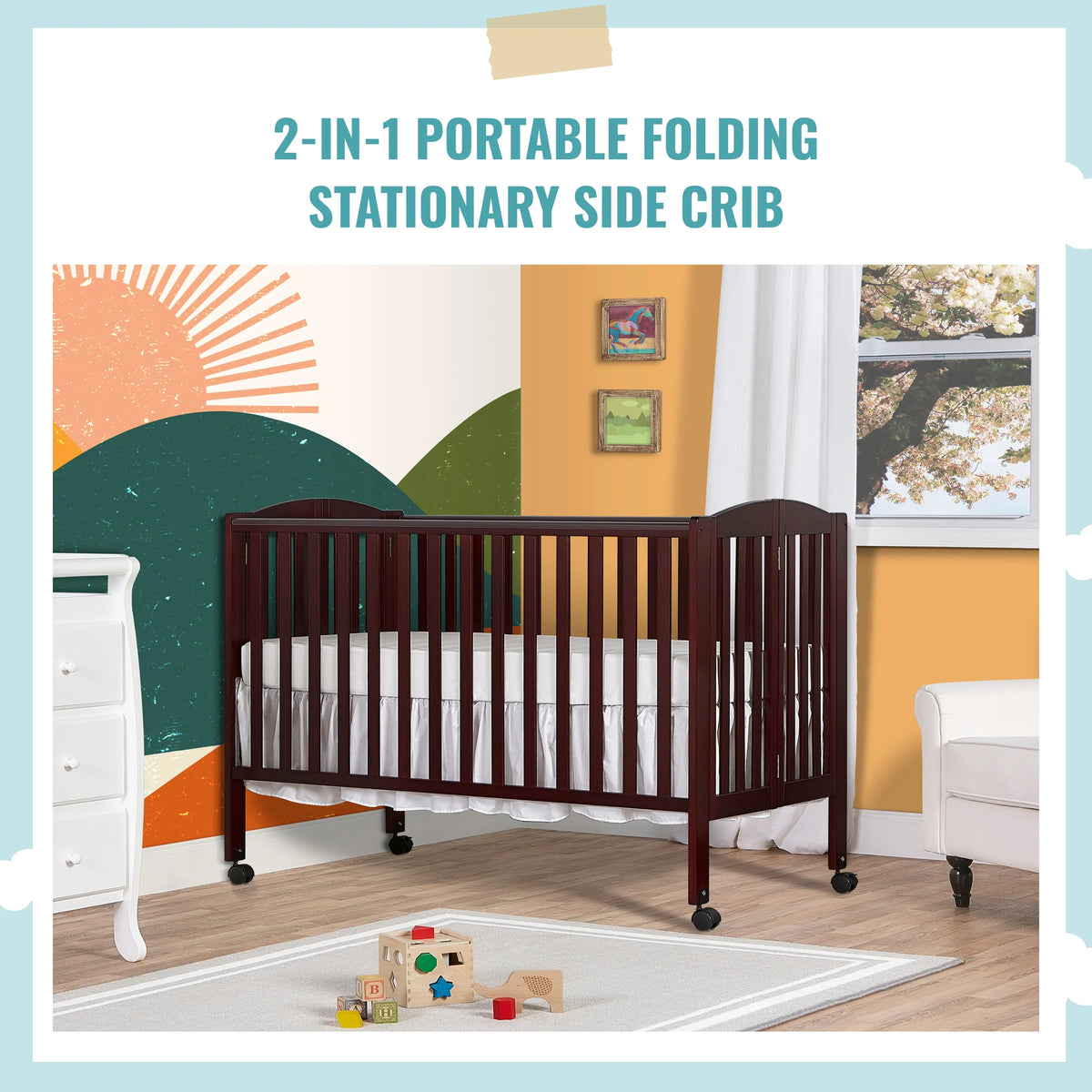 Full Size 2-in-1 Folding Stationary Side Crib with Locking Wheels, Espresso G86847