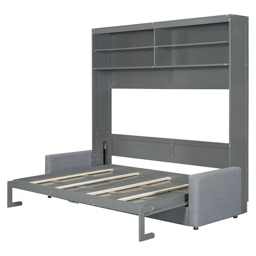 Queen Size Gray Wood Murphy Bed with Storage Shelves Z949647