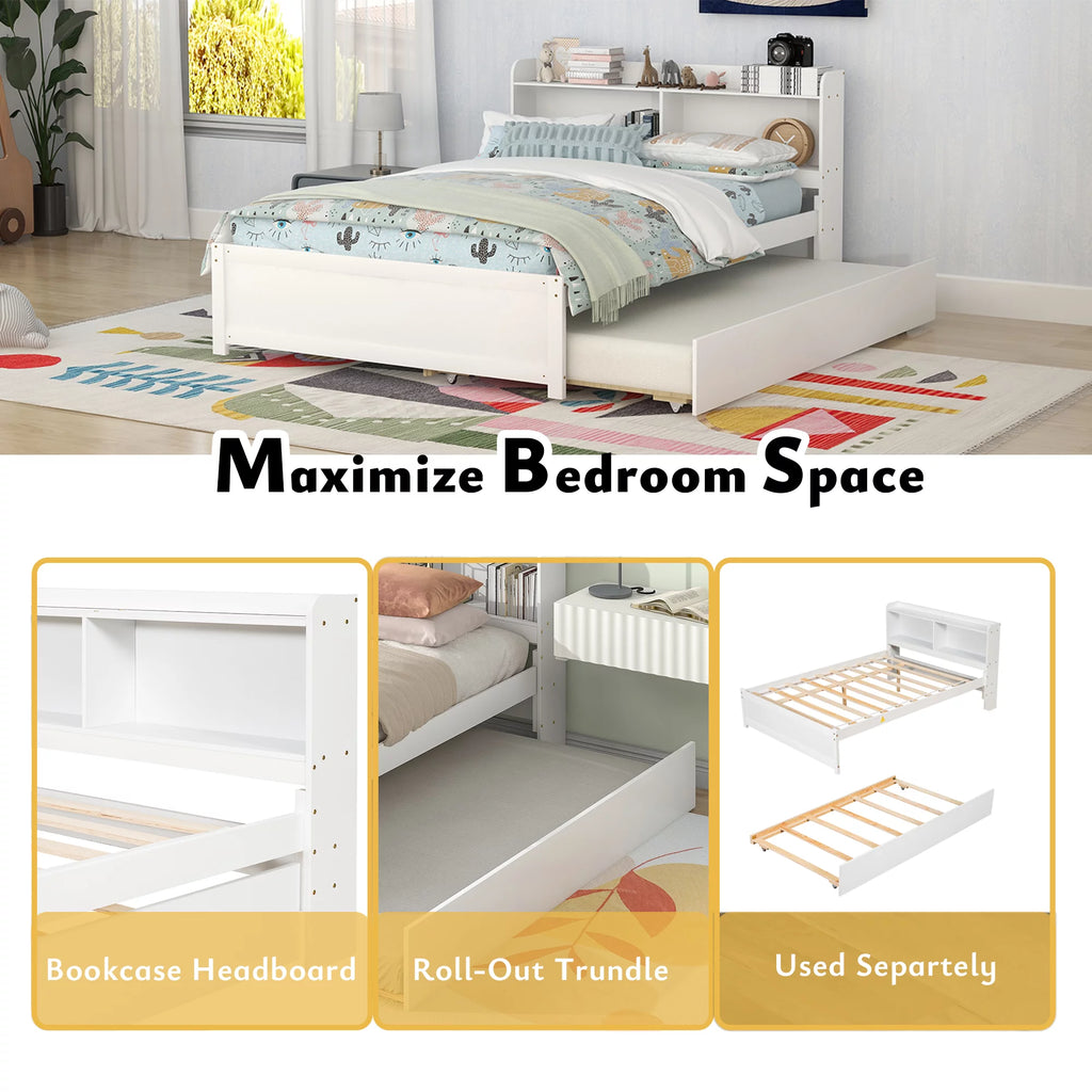 White Wood Full Size Trundle Bed with Bookcase Headboard F19448