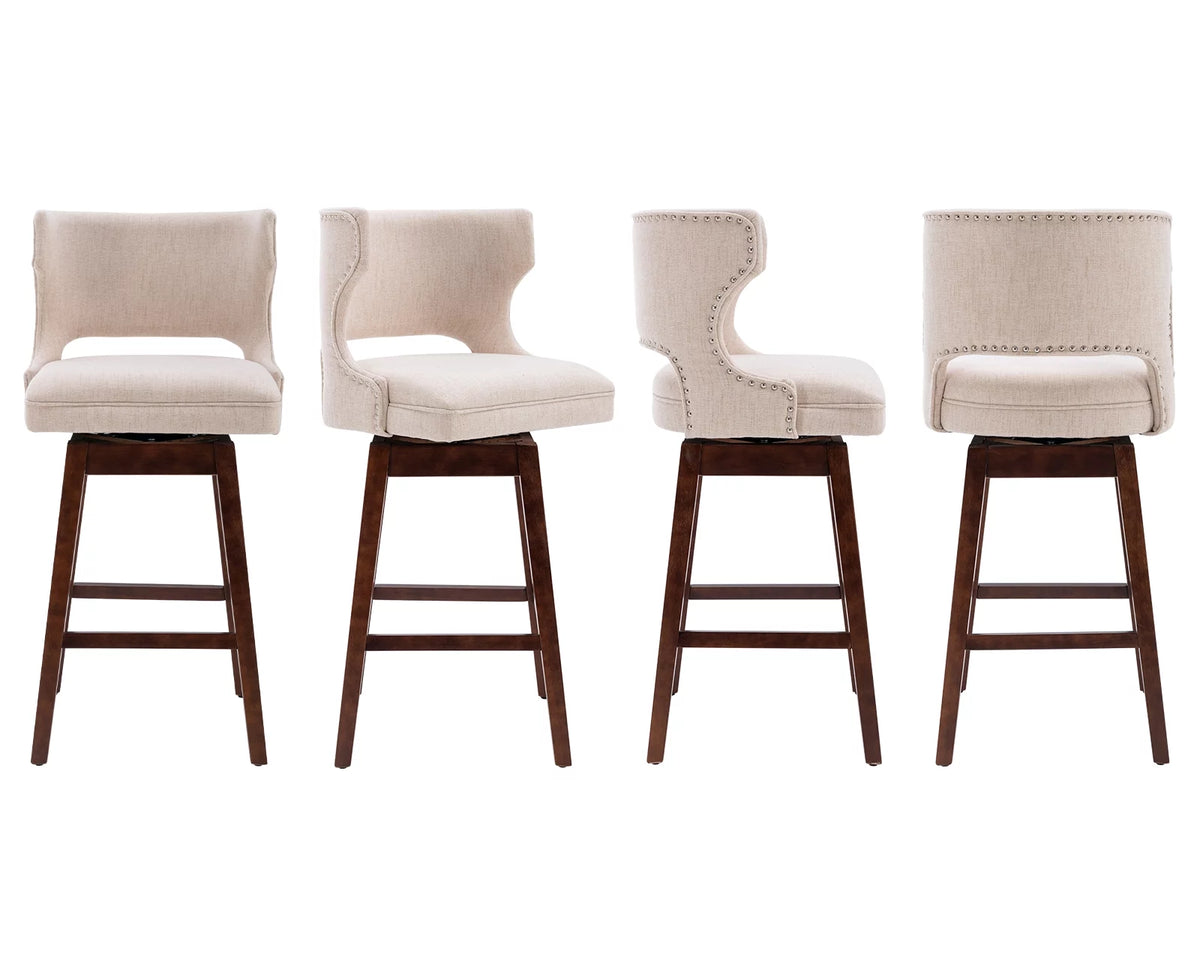 30" Beige Linen Upholstered Swivel Bar Stool Set of 2 with Wooden Legs R5495