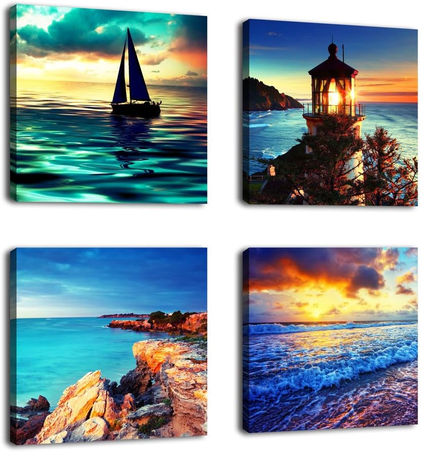 Ocean Canvas Wall Art 16 x 16 x 4 Piece Blue Sea Shore Landscape Framed Ready to Hang G9128