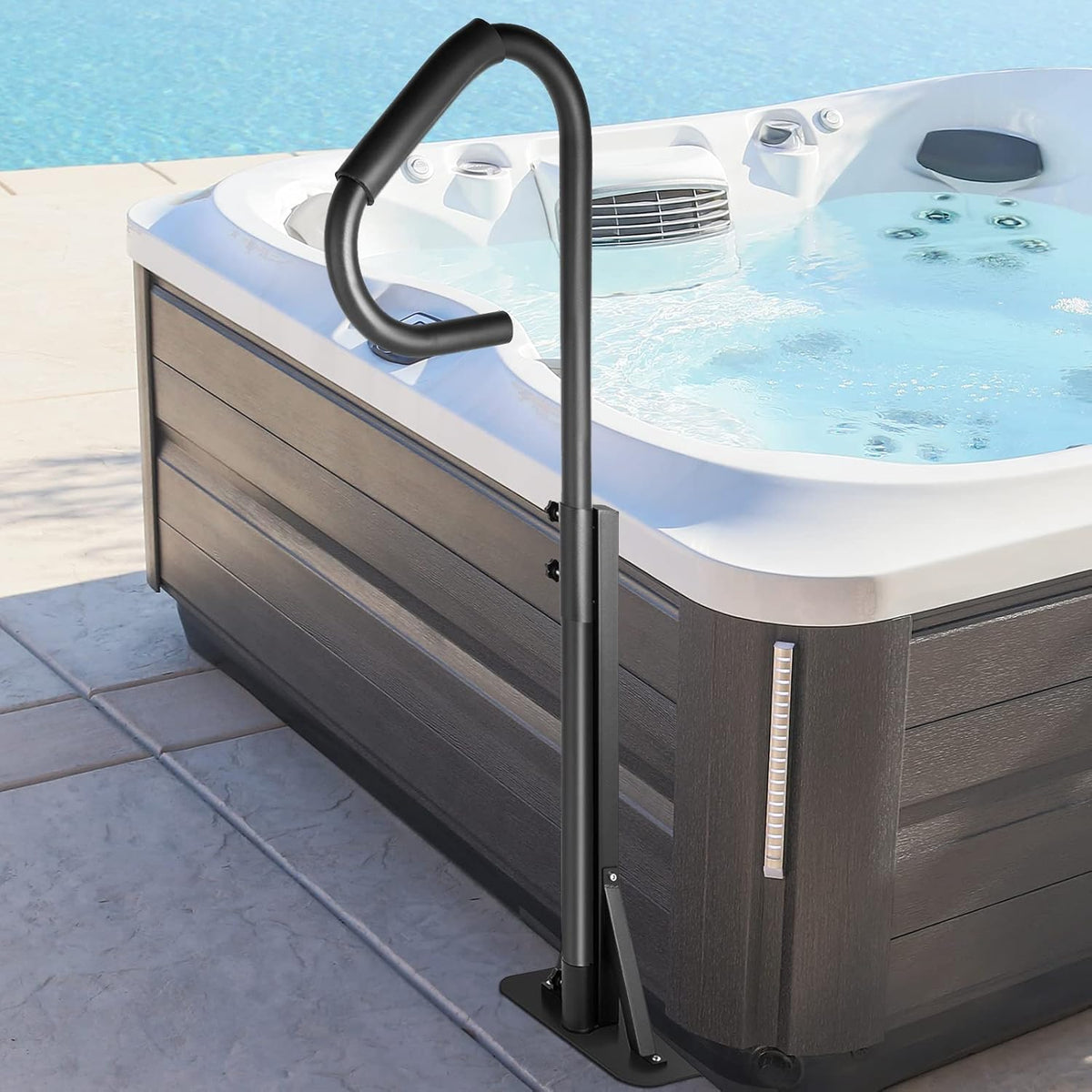 Black Heavy Iron Hot Tub Handrail with Slide-Under Mount Base N672