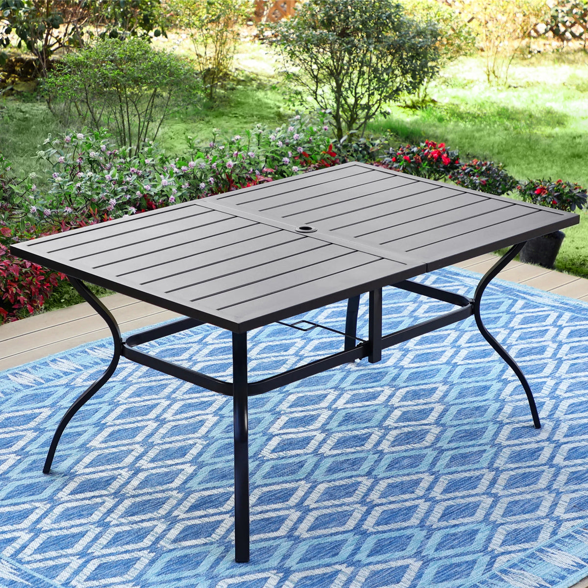 7-Piece Outdoor Patio Dining Set with High-Back Swivel Sling Chairs & Rectangular Table, Black & Blue W413278
