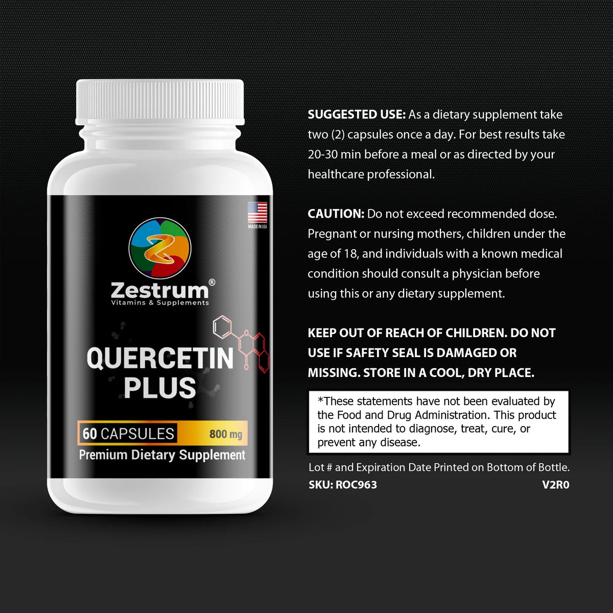 Zinc Quercetin Bromelain 60 Vegetarian Capsules 800 mg F3420