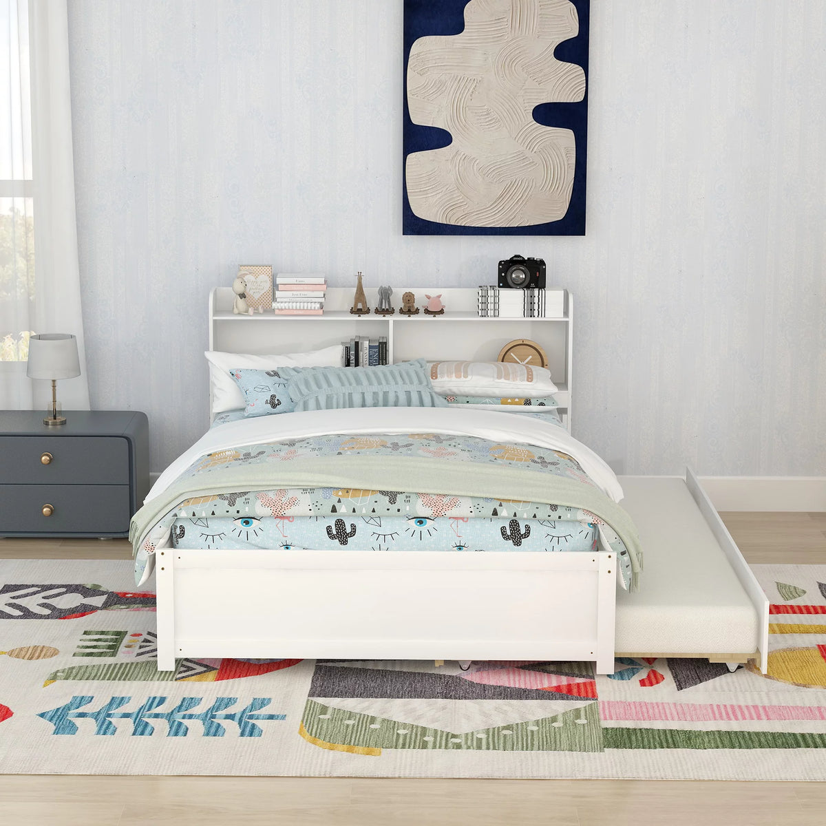White Wood Full Size Trundle Bed with Bookcase Headboard F19448