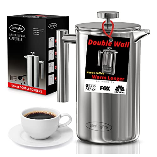 1.75L Double Walled Stainless Steel French Press Coffee Maker with 2 Extra Filters C3936
