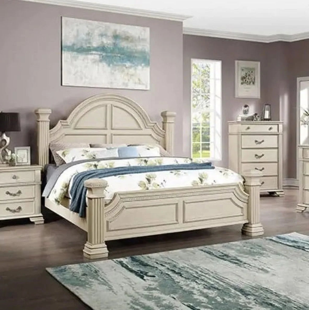 Antique White Solid Wood 4pc King Size Bedroom Set Y4670