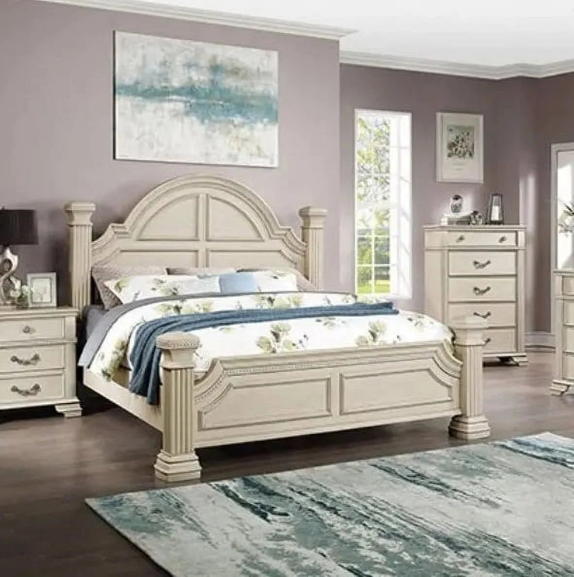 Antique White Solid Wood 4pc King Size Bedroom Set Y4670
