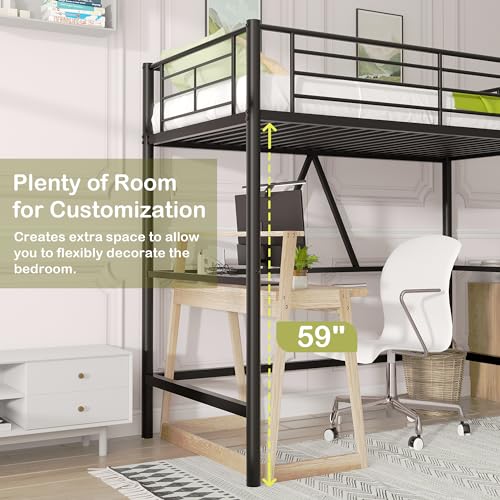 Twin Size Off White Metal Loft Bed with Ladder and Guardrail V684