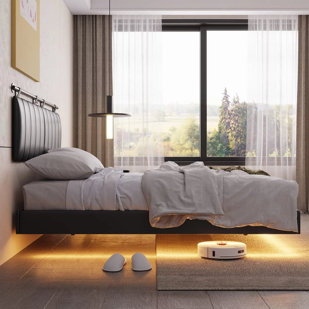 Queen Floating Bed Frame with LED Lights and Wall Mounted Headboard R683