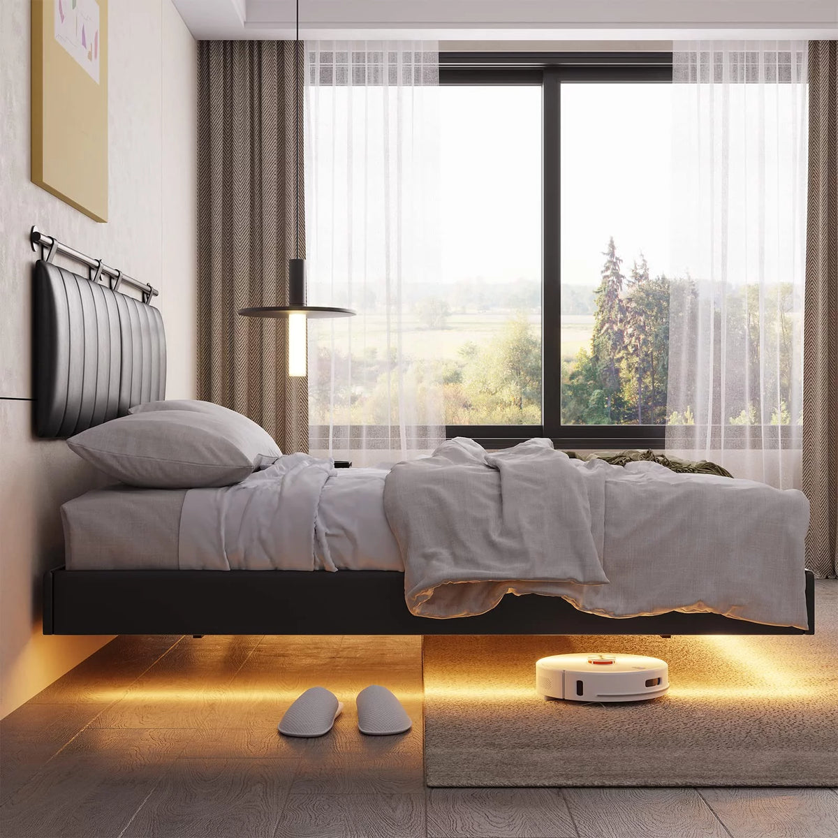 Queen Floating Bed Frame with LED Lights and Wall Mounted Headboard R683