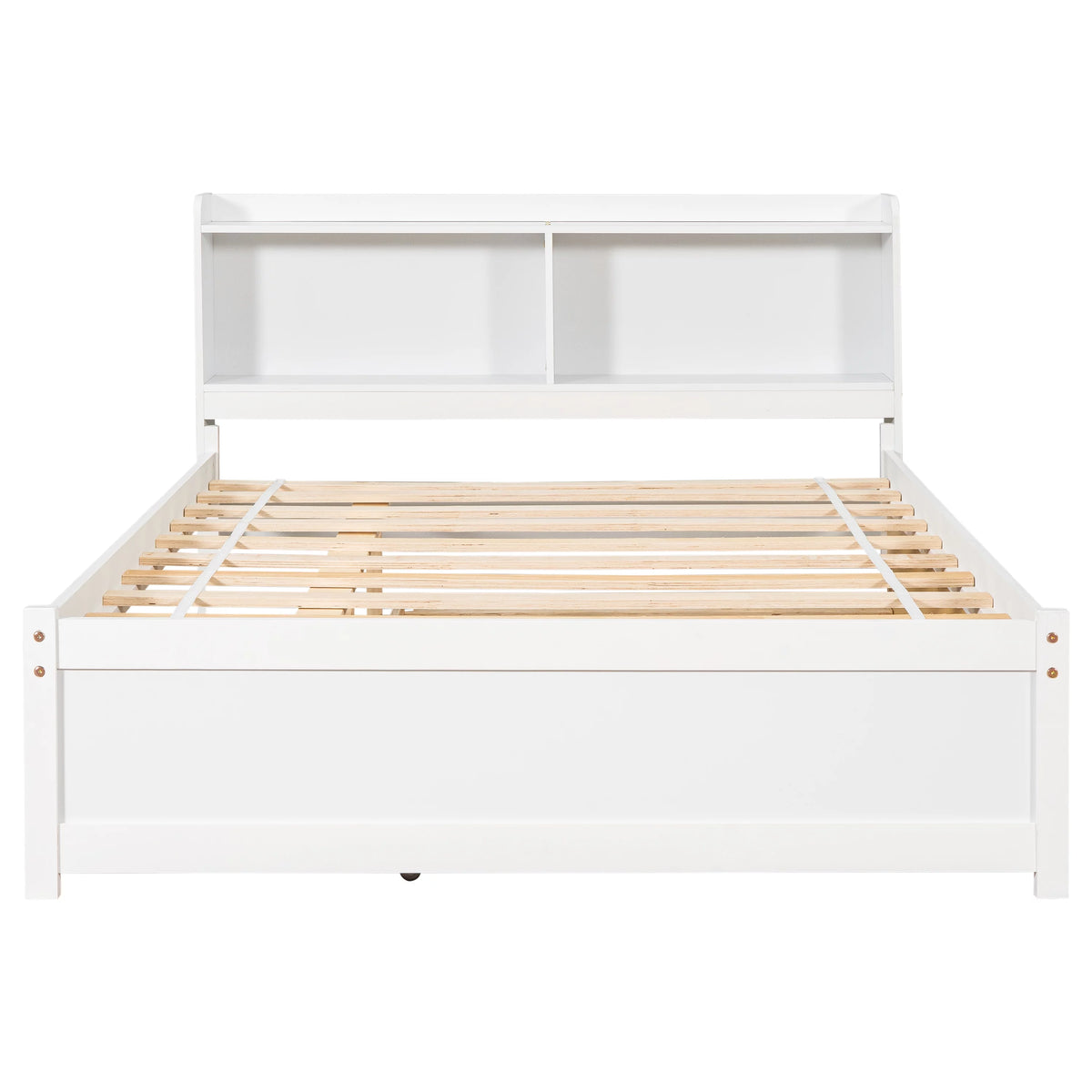 White Wood Full Size Trundle Bed with Bookcase Headboard F19448